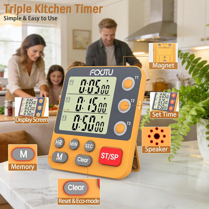 Digital Dual Triple Kitchen Timer, 3-Channel Magnetic Countdown Timer for Cooking, Large Display Stopwatch Multi Food Classroom Timer Loud Alarm for Seniors Teachers Battery Included (Orange)