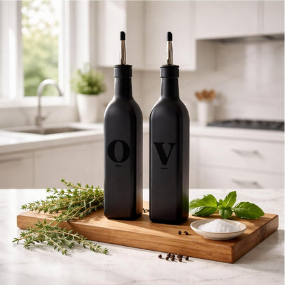 Olive Oil & Vinegar Dispenser Bottle Set with Stainless Steel Spouts & Funnel - Elegant Cooking Oil Cruet Dispenser for Kitchen - 500ml - Set of 2