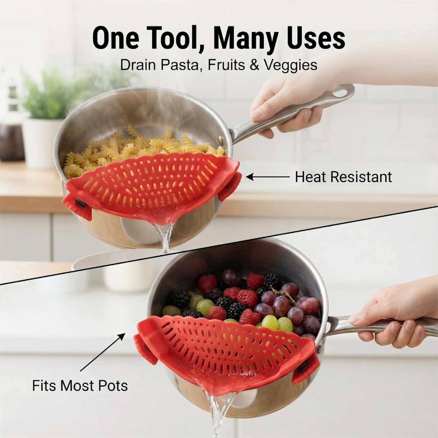 Clip On Pot Strainer for Pasta, Silicone Pan Strainer for Kitchen - Heat Resistant Food Strainer Fits All Pots and Bowls, Hands-Free Colander for Spaghetti, Ground Beef, Fruit & Vegetables (Red)
