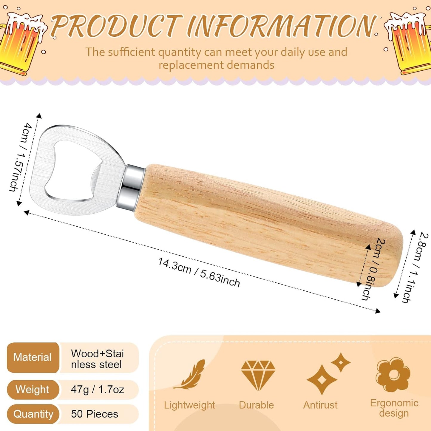 50 Pcs Wood Wine Bottle Opener Stainless Steel Bottle Opener Wood Handheld Heavy Duty Bartender Cider Engraved Gift Set for Kitchen Wedding Party Bar Home Restaurant