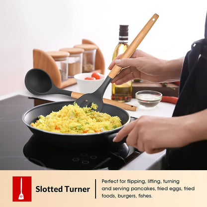 E-far Cooking Utensils Set of 6, Silicone Kitchen Utensils with Wooden Handle, Non-stick Cookware Friendly & Heat Resistant, Includes Spatula/Ladle/Slotted Turner/Serving Spoon/Spaghetti Server(Khaki)