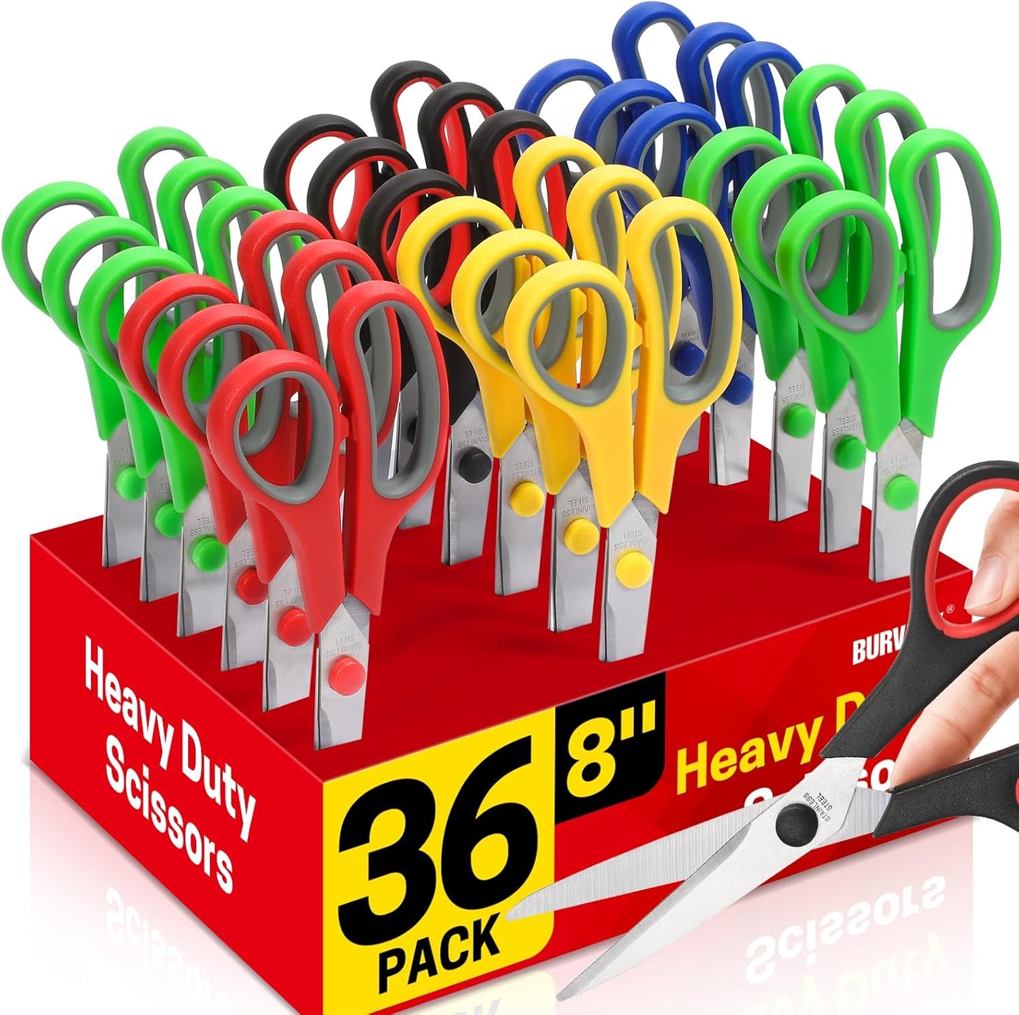 BURVAGY 8" 10 Pack All Purpose Heavy Duty Scissors- Comfort-Grip Sharp Scissors for Office School Sewing Fabric Craft High/Middle School Student Teacher Scissor, Right/Left Hand
