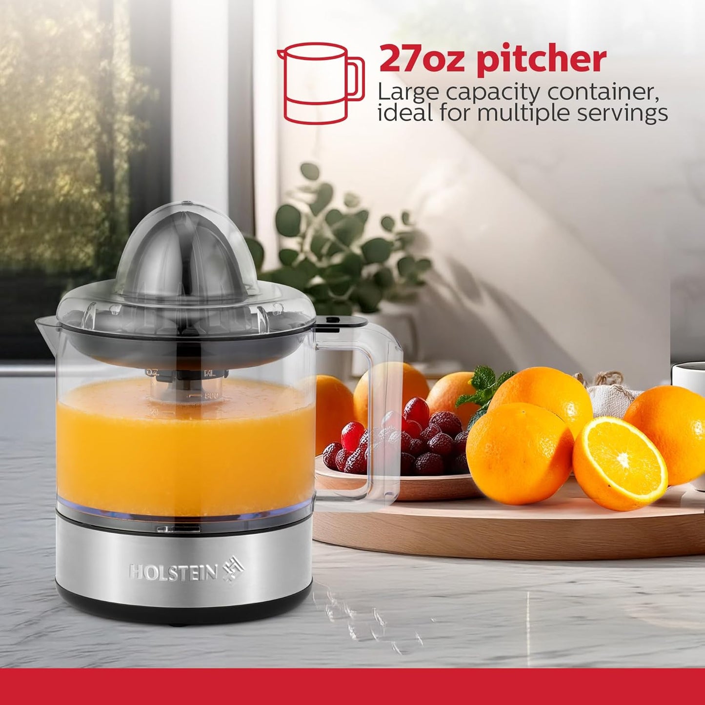 Holstein Housewares 27-oz Electric Citrus Juicer, Black/Stainless Steel - Ideal for Freshly Squeezed Orange, Lemon, Grapefruit Juices for Breakfast or Drinks