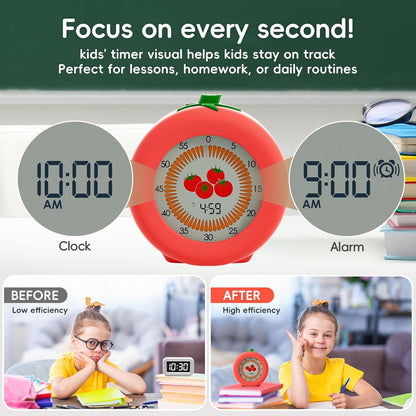 Tomato Visual Timer for Kids, 5h Cute Kids Pomodoro Countdown Timer, Kitchen Helper Timer, Visual Timer for Classroom, Office Desk and Meetings
