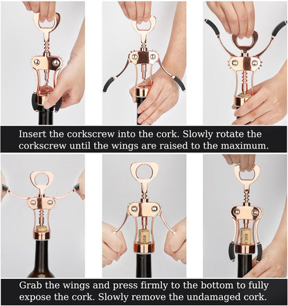 KORCCI Wine Opener, Heavy-Duty Zinc Alloy Wing Corkscrew, Premium Beer Bottle Opener, Multifunctional Wine Accessories with Ergonomic Handle and Sharp Screw, for Kitchen, Bar, Restaurant (SILVER)