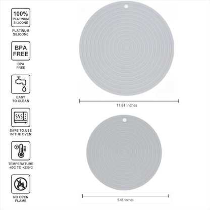 Silicone Trivets Mats for Pots and Pans, Heat Resistant Pot Holders, Flexible Hot Pads for Kitchen Table, Non Slip Mats, Dia11.81 and 9.45 Inches Big Round Microwave Mats Pack 3 White