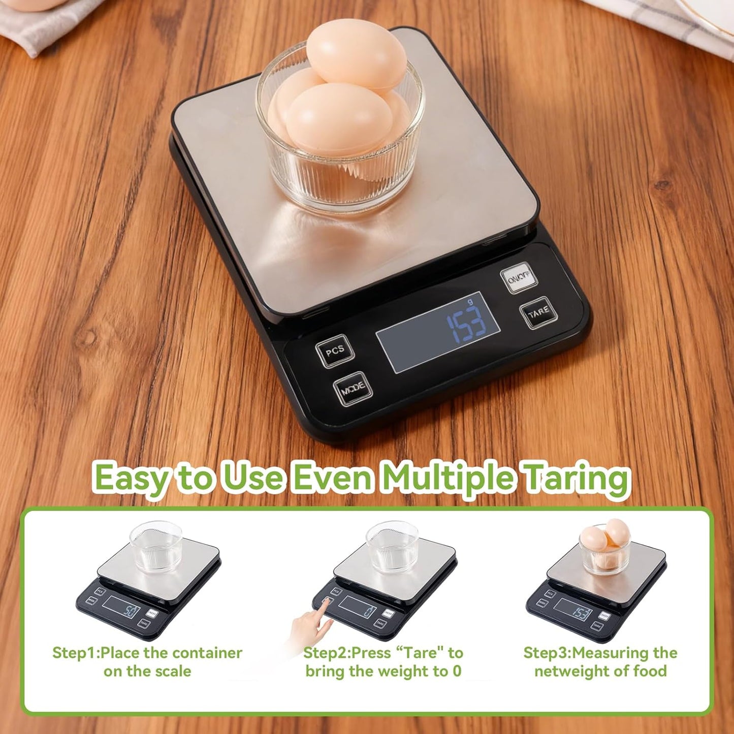 Digital Kitchen Scale, 33lb Food Scale Precisely Measures Grams and Ounces for Baking, Cooking, and Meal Prep, Rechargeable 304 Stainless Steel with LCD Display, Batteries and USB Charging Included