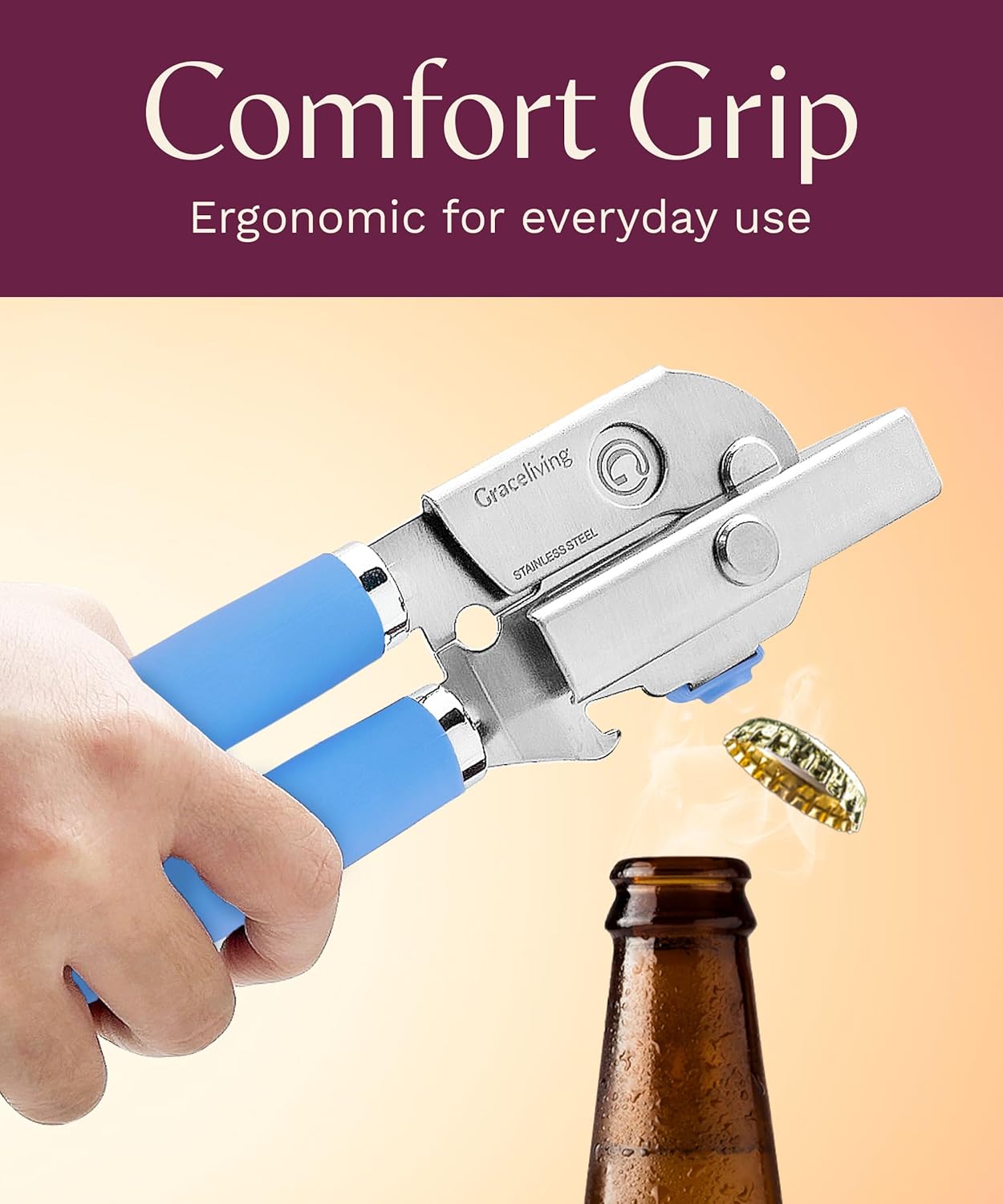 Premium Multifunction Magnetic Manual Can Opener and Bottle Opener, Heavy Duty Stainless Steel Sharp Cutting Blade and Oversized Easy Turn Knob, Soft-Touch Handle, Kitchen Use, Mauve