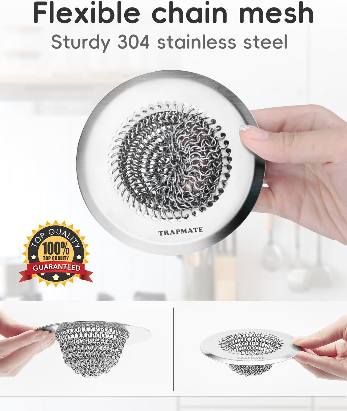 TRAPMATE Kitchen Sink Drain Strainer, Reversible Chain Mesh Sink Strainer, 304 Stainless Steel Anti-Clogging & Easy Clean Sink Strainer Basket, Fits US Standard Kitchen Sink Drains, Dishwasher Safe