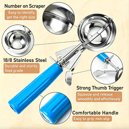 Fayomir 2 oz Scoop, Cookie Scoop for Baking, 2 oz Ice Cream Scoop with Trigger, #16 Disher, Portion Scoop, Blue Handle, Food Scoop for Ice Cream, Muffin, Cupcake Batter, Mashed Potato, Cookie Dough
