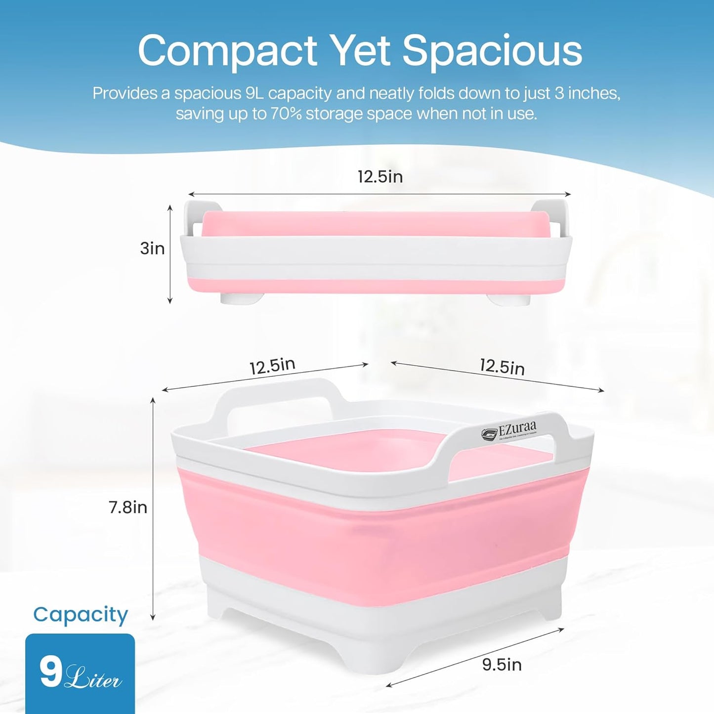 EZuraa 2.4 gal(9L) Gray Collapsible Dish Basin, Portable Sink or Dish Pan for Kitchen Sink with Drain Plug/Strainer, Space Saving Baby Bottle Wash Basin Collapsible Bucket, Beverage Tub for Camping