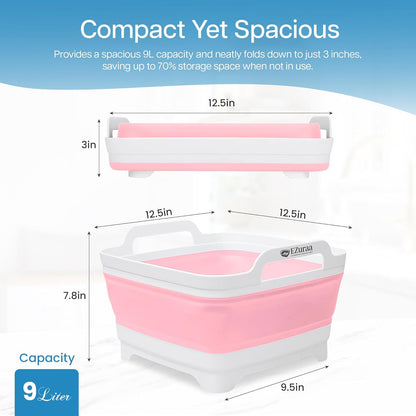 EZuraa 2.4 gal(9L) Gray Collapsible Dish Basin, Portable Sink or Dish Pan for Kitchen Sink with Drain Plug/Strainer, Space Saving Baby Bottle Wash Basin Collapsible Bucket, Beverage Tub for Camping