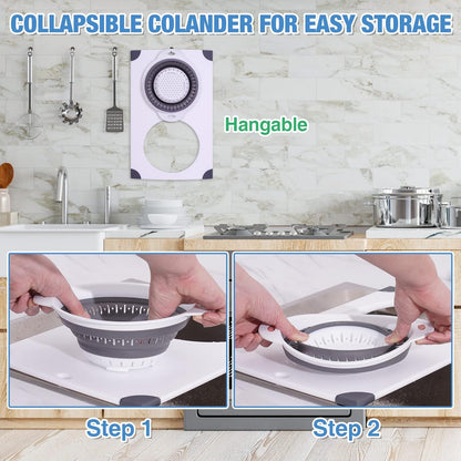 NiHome Over the Sink Cutting Board with Collapsible Colander, 2-In-1 Sink Drainer Board 11"x17.7" Anti-Slip Cutting Board and Detachable Draining Basket with Ergonomic Handle PP Plastic and TPR Rubber