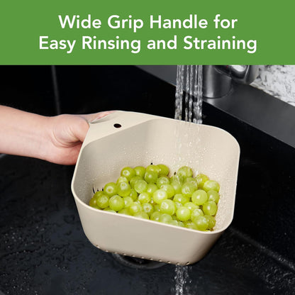 Tovolo Elements Square Colander with Handle Strainer Basket for Pasta Fruit Berries Veggies, Easy to Clean BPA Free Heat Resistant Plastic Colander with Spout 3 Quart Kitchen Strainer, Charcoal Gray