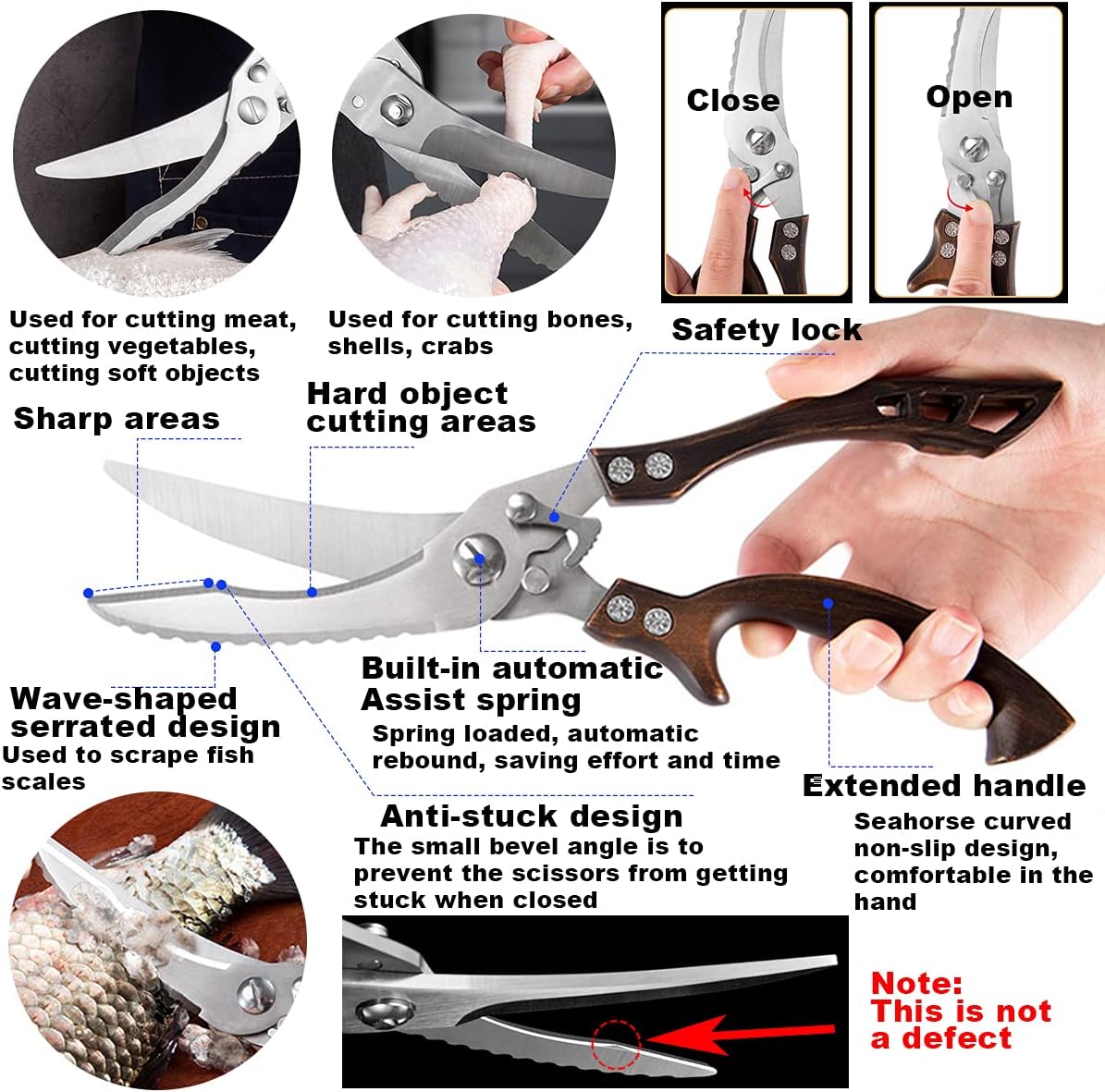 ANDONG Upgrade Heavy Duty Stainless Steel Kitchen Scissors - Professional Poultry Shears for Bone, Meat, Chicken, Fish, Turkey, Vegetables,Spring Loaded Multipurpose Ultra Sharp Utility Scissors