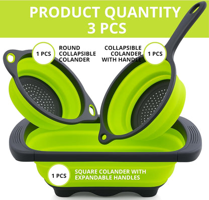 Green Kitchen Strainer Colander Set - 2 PCS Multifunctional Colander Silicone Food Strainers for Kitchen for Pasta and Spaghetti Collapsible with Plastic Handles