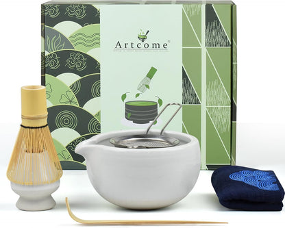Artcome 7 Pcs Complete Matcha Ceremony Kit for Tea Ceremony, Bowl with Pouring Spout, Whisk, Tea Scoop, Matcha Powder Strainer, Matchatools For Making Usucha, Koicha and Matcha Latte (Black)