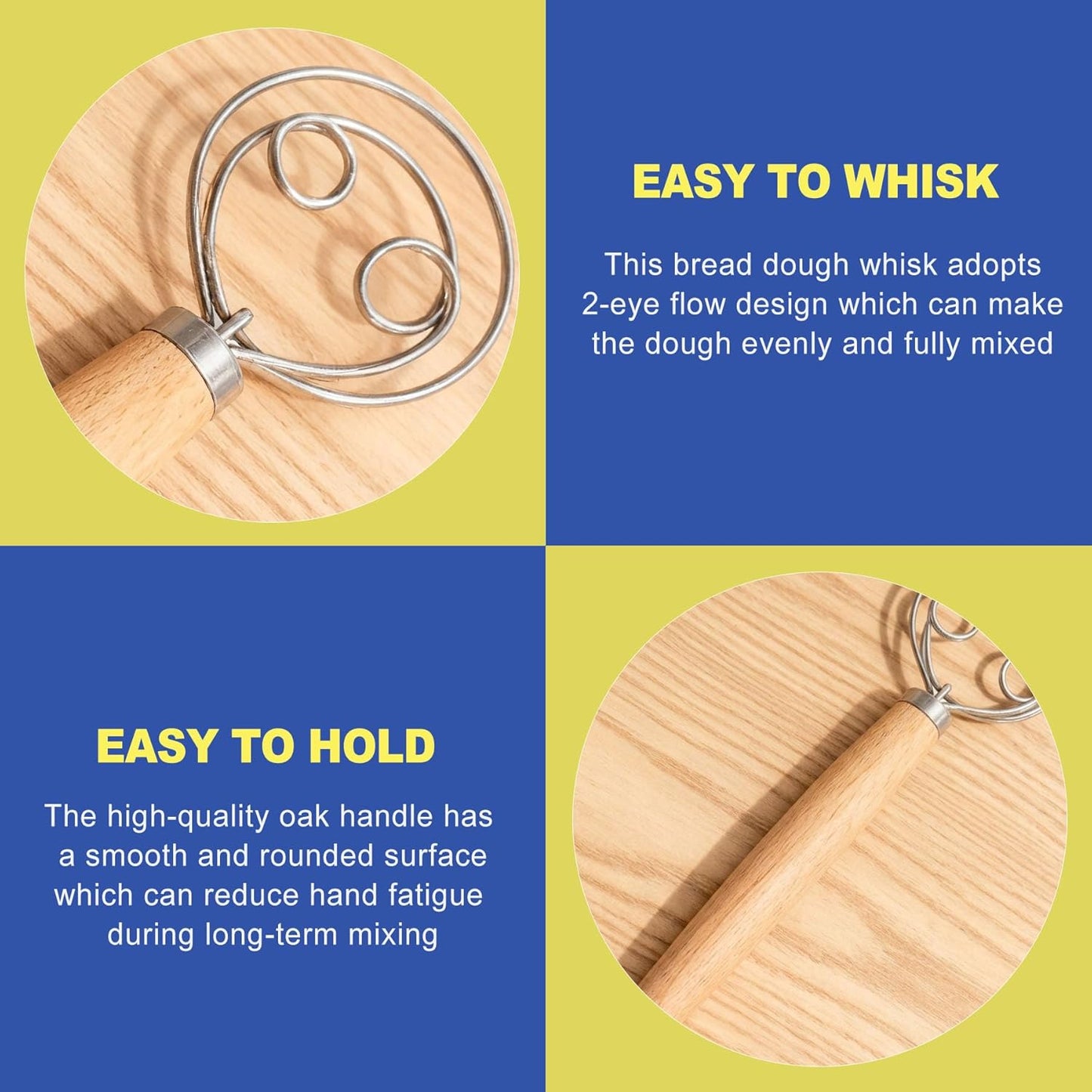 Danish Dough Whisk for Sourdough Bread, Heavy Duty Stainless Steel Bread Mixer, Wooden Handle Dutch Dough Blender Hook for Artisan Baking