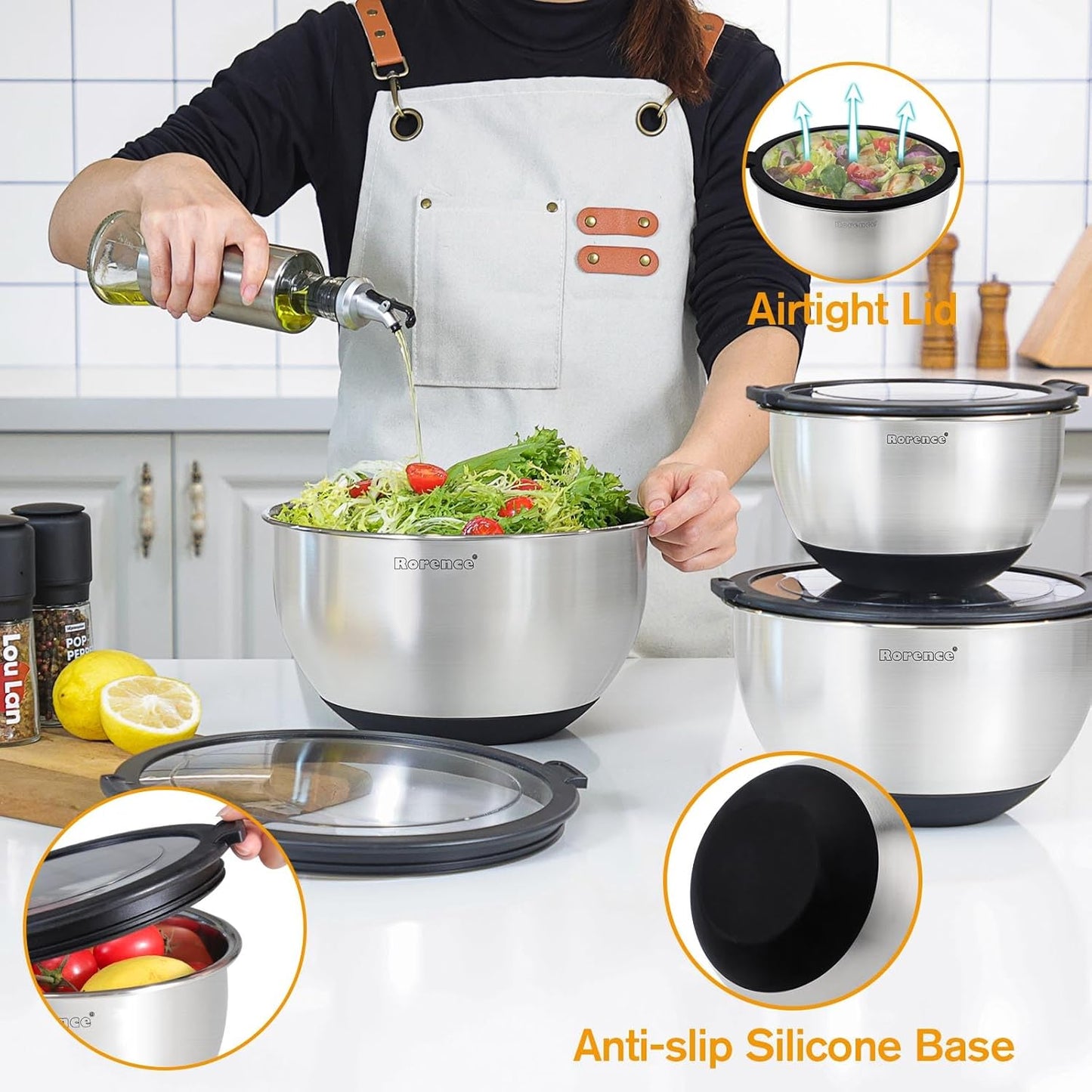 Rorence Mixing Bowls with Lids Set, Non Slip Silicone Bottom Stainless Steel Mixing Kitchen Bowls for Baking/Storage, Dishwasher Safe, 5/3/1.5QT