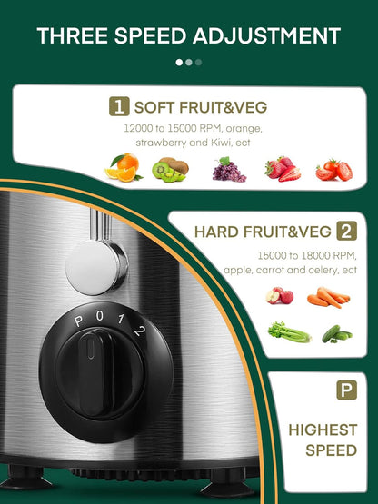 Juicer Machines, HOUSNAT Juicer Whole Fruit and Vegetables with 3-Speed Setting, 400 W Motor Quick Juicing Ideal for Beginners & Light Daily Use, Cleaning Brush and Juicing Recipe Included