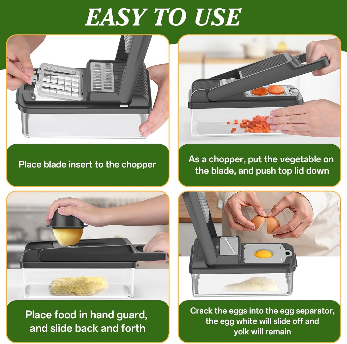 HomeHacks Vegetable Chopper Vegetable Cutter, 12 in 1 Kitchen Gadget, Dicer, Slicer, Onion Cutter, Salad, Cheese Grater & Egg Separator - Multi-Functional Veggie Chopper Lid with Handle (Green)