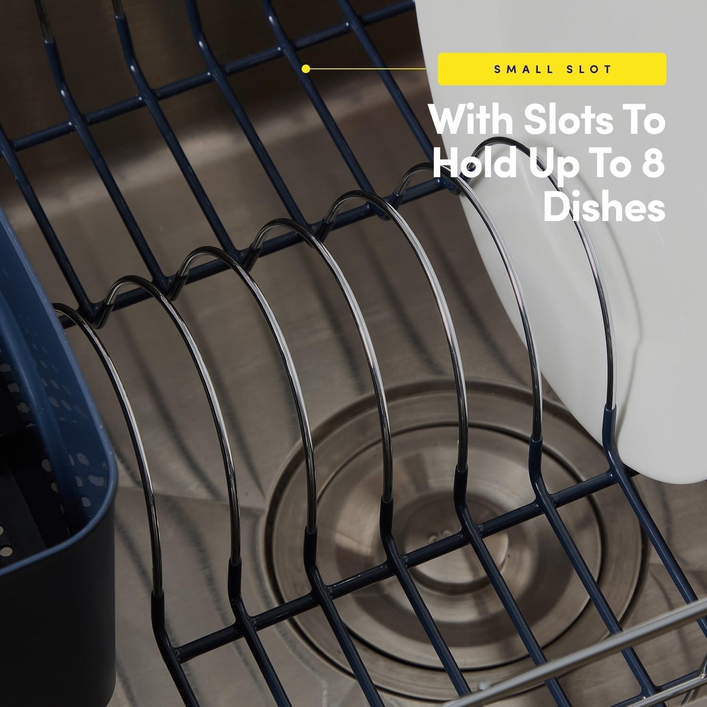 Dish Drying Rack & Cutlery Holder 2 Piece Set - Compact Sink-Fitting Dish Drainer with Rubberized Undercoating, Space-Saving Kitchen Organizer for Plates, Cups, Bowls & Utensils in Sink, Silver