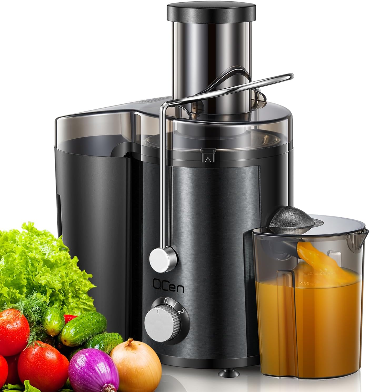 Qcen Juicer Machine, 500W Centrifugal Juicer Extractor with Wide Mouth 3” Feed Chute for Fruit Vegetable, Easy to Clean, Stainless Steel, BPA-free (Black)