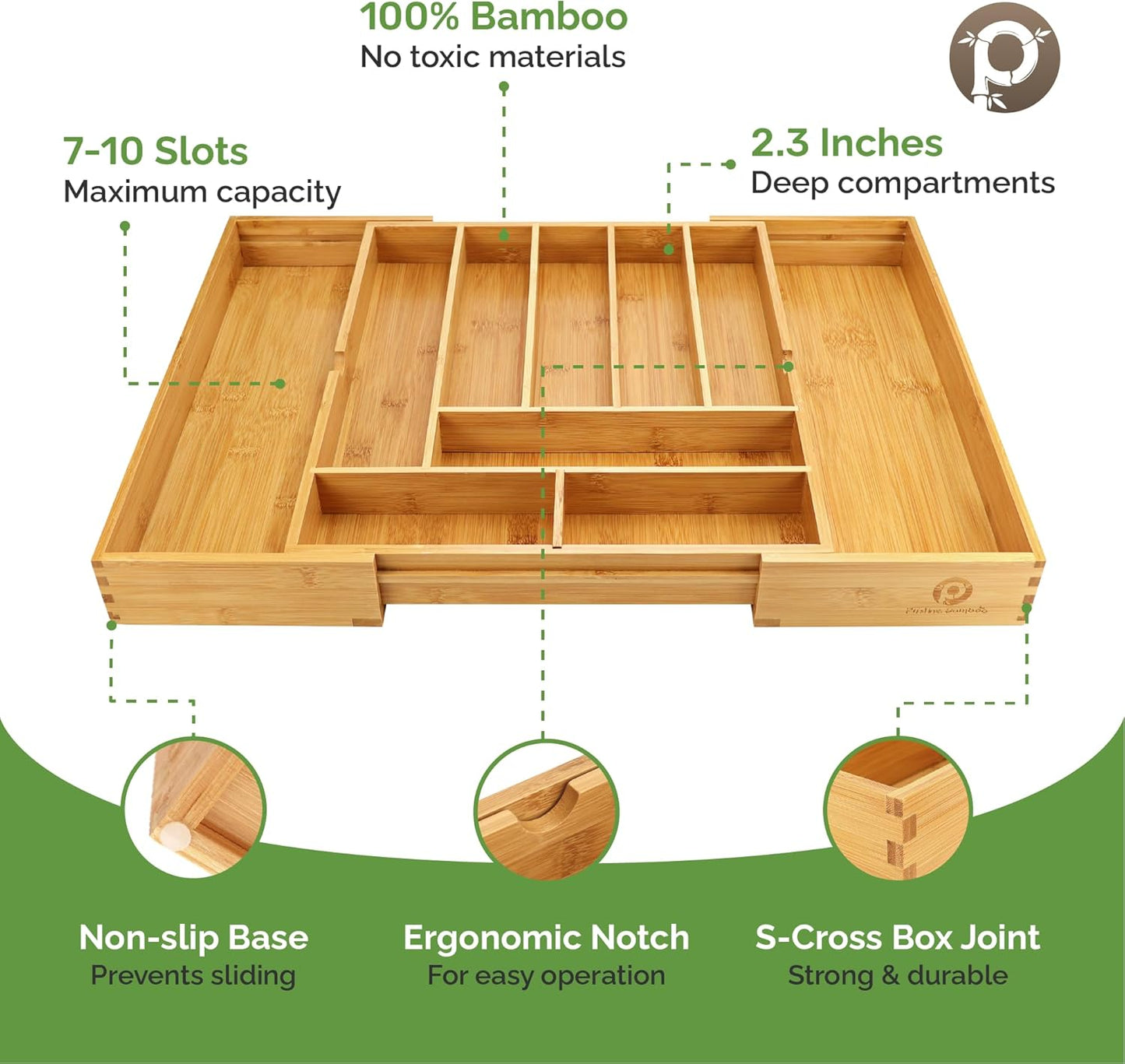 Pristine Bamboo Silverware Organizer - Small Extra-Deep Wooden Kitchen Drawer Organizer Divider for Spoons, Forks, Knives & Cutleries - 5 Slots