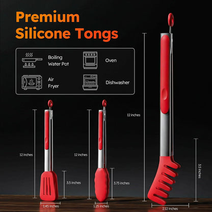 HST 3 Pack Kitchen Tongs, Non Stick Stainless Steel 9 Inch Tongs With Silicone Tip for Cooking BBQ Baking(Red)