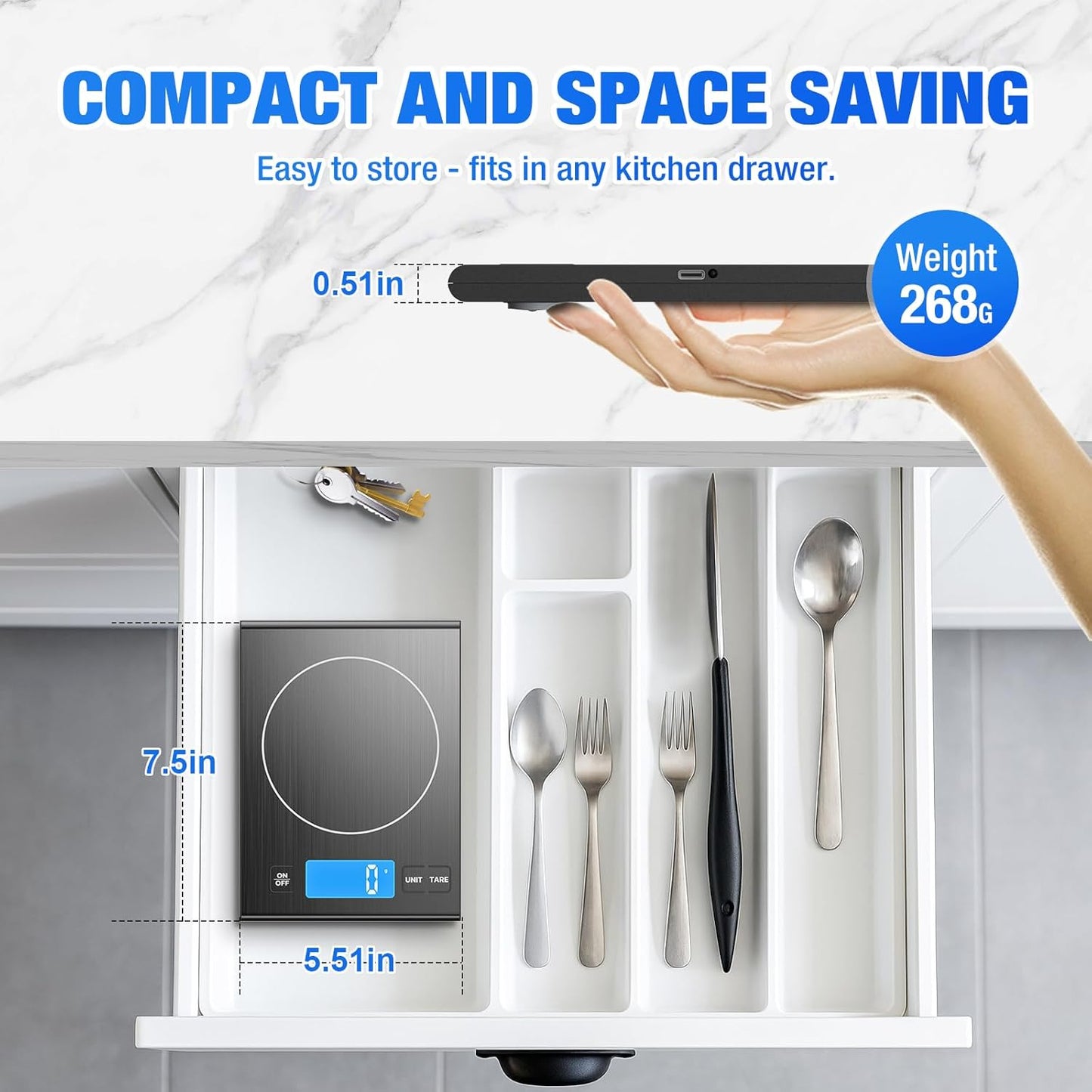 33lb Rechargeable Food Scale, Diyife 304 Stainless Steel Digital Kitchen Scale, 7.5 * 5.5 in Weight Grams and Ounces for Baking, Cooking, 5 Units with Tare Function, LCD Display, 2 AAA Batteries