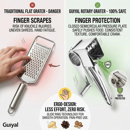 Rotary Cheese Grater with Handle, Professional Grade Stainless Steel Manual Ginger & Chocolate Shredder, Reversible Drum for Left/Right Hand, Easy-to-Clean Vegetable & Nut Grinder for Kitchen & Pizza