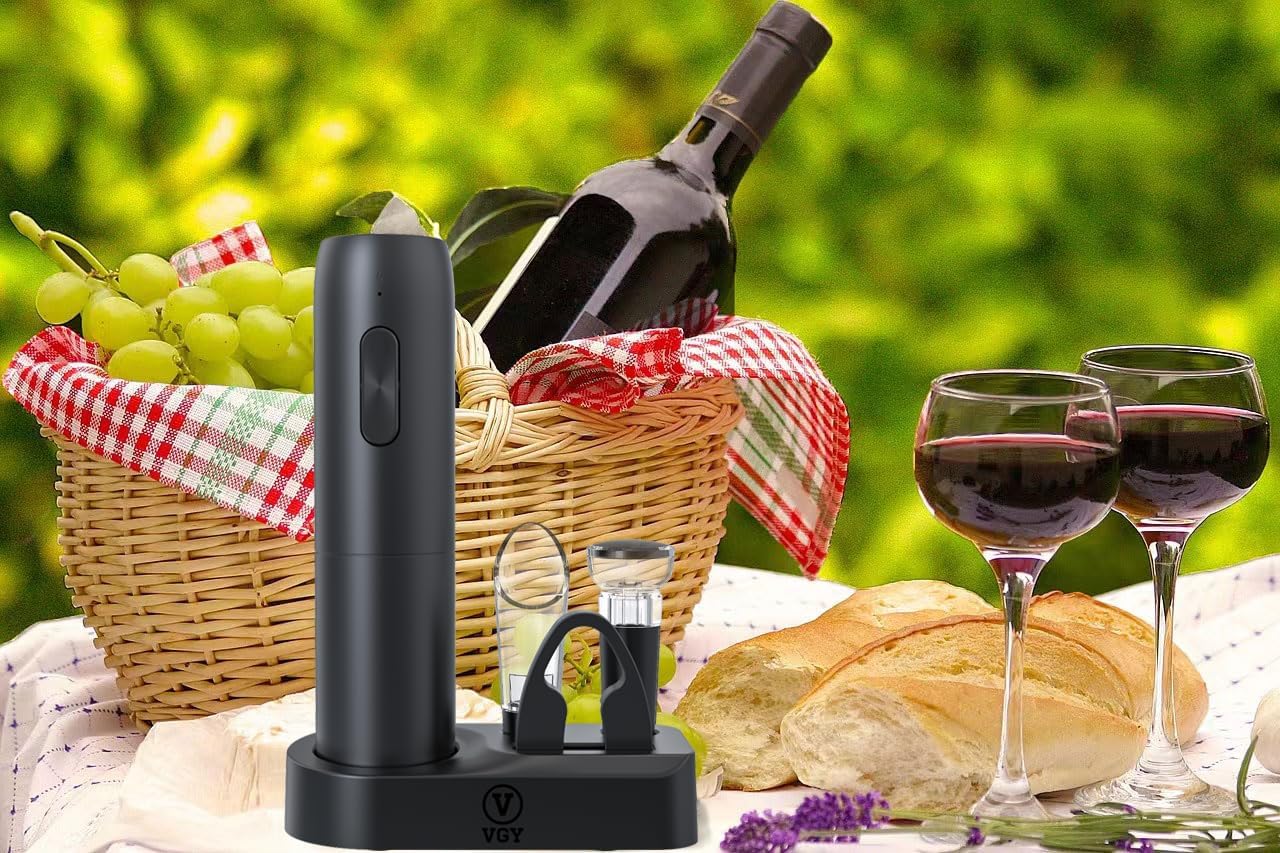 VGY Electric Wine Opener Set, 5 in 1 Rechargeable Automatic Electric Corkscrew with Charging Base, Foil Cutter, Wine Pourer & Vacuum Stopper, Electric Wine Bottle Opener for Home Bar & Wine Lovers