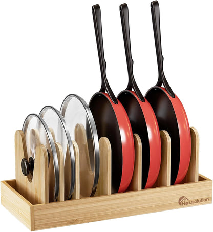 Housolution Bamboo Pot and Pan Organizer for Cabinet, 15"-29" Expandable Pot Lid Organizer with 10 Adjustable Dividers, Wooden Pan Holder Storage Rack, Fully Expanded Size 29.5" W x 8" D x 7.5" H