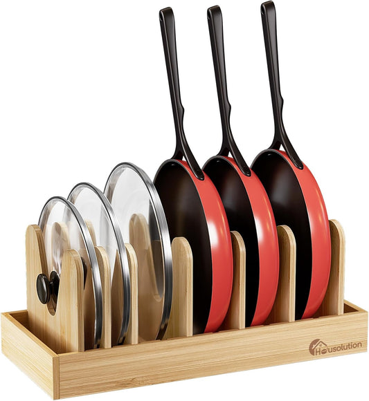 Housolution Bamboo Pot and Pan Organizer for Cabinet, 15"-29" Expandable Pot Lid Organizer with 10 Adjustable Dividers, Wooden Pan Holder Storage Rack, Fully Expanded Size 29.5" W x 8" D x 7.5" H