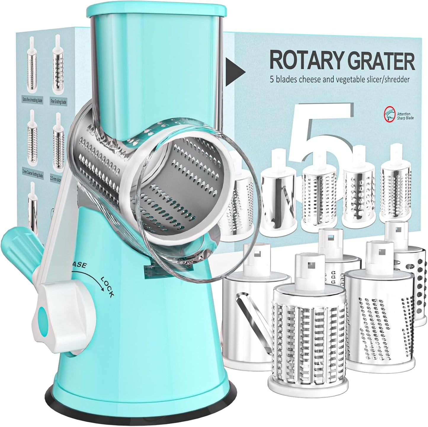 Cambom 5 in 1 Rotary Cheese Grater Hand Crank Cheese Shredder for Fresh Cheese, Vegetable, Nuts,Non-slip Suction Base, Black