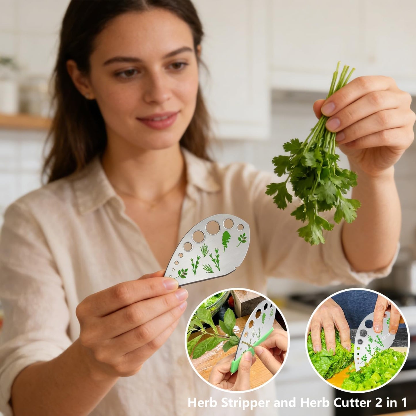 Herb Stripper, Jiaedge Green 9 holes Stainless Steel Kitchen Herbs Leaf Stripping Tool