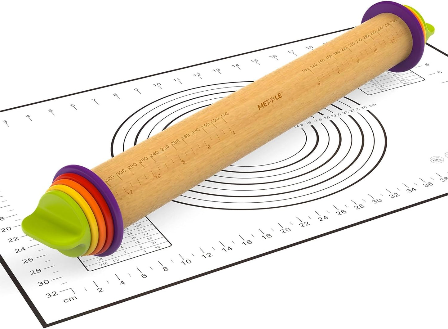 Rolling Pin with Thickness Rings for Baking,Fondant, Pizza, Pie Crust, Cookie, Pastry, Roller Rod for Dough Thickness, 13.6" Adjustable Wood Rolling Pin with 4 Thickness Rings and Wooden Stand