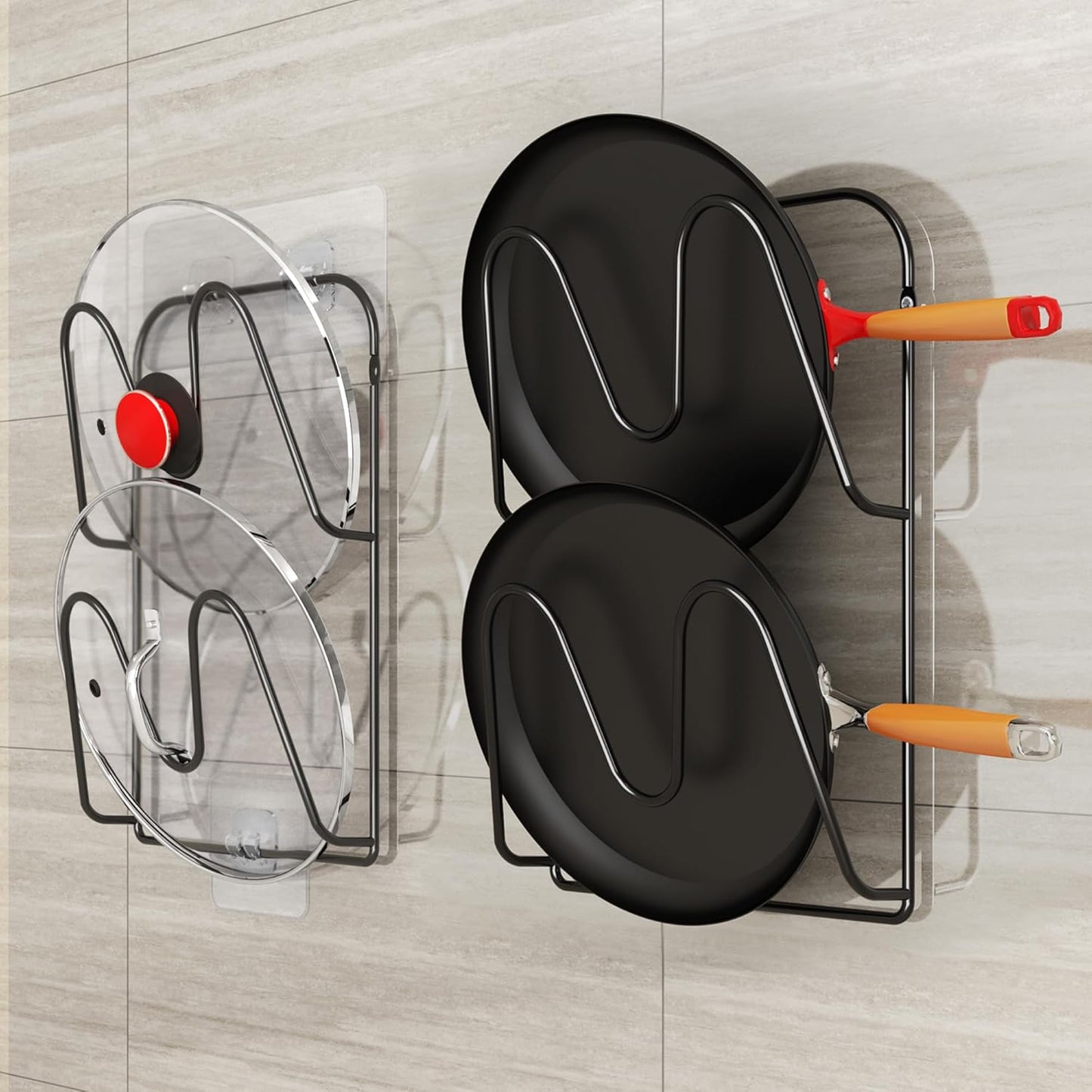 2 Pack Pot Lid Organizer, 6-Tier Pots and Pans Lid Organizer Under Cabinet, No Drilling, Rustproof, Lid Organizers Inside Cabinet for Small Space Solution & Kitchen Cabinet Organization