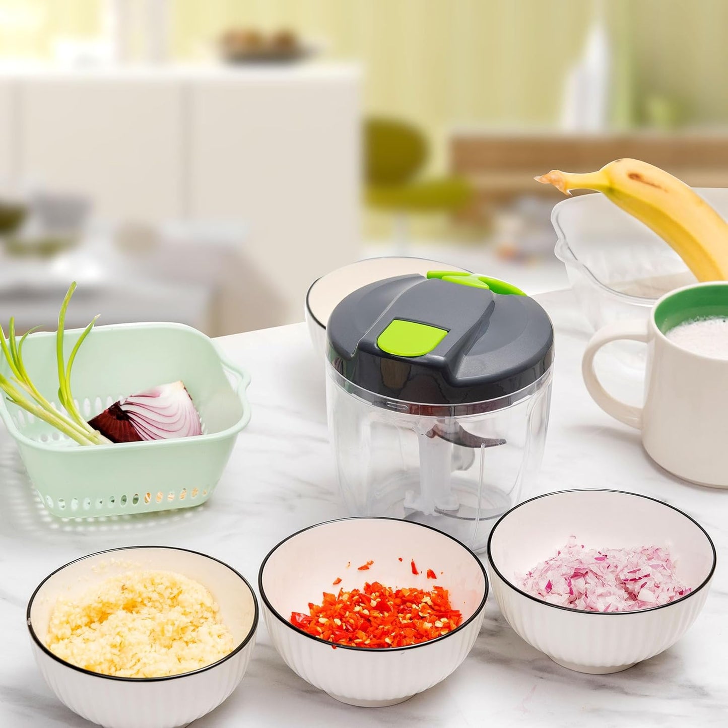Multi-Function Manual Food Chopper & Processors with Handle and Cover,Vegetable Chopper Shredder,Garlic Press,Suitable for Onions Garlic Peppers Carrots Gingers Fruits,Ideal Gift for Kitchen(Green)
