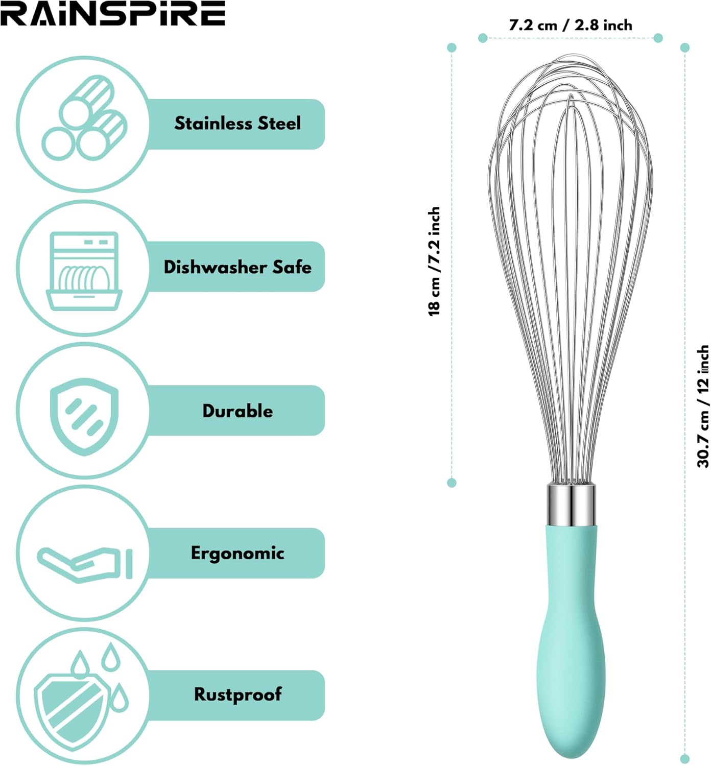 Rainspire 12-Inch Wire Whisk Stainless Steel, Balloon Whisks for Cooking, Wisk Wisking Tool With Soft Silicone Handle, Thick Durable Whisker for Blending, Beating, Whisking, Stirring, Pink