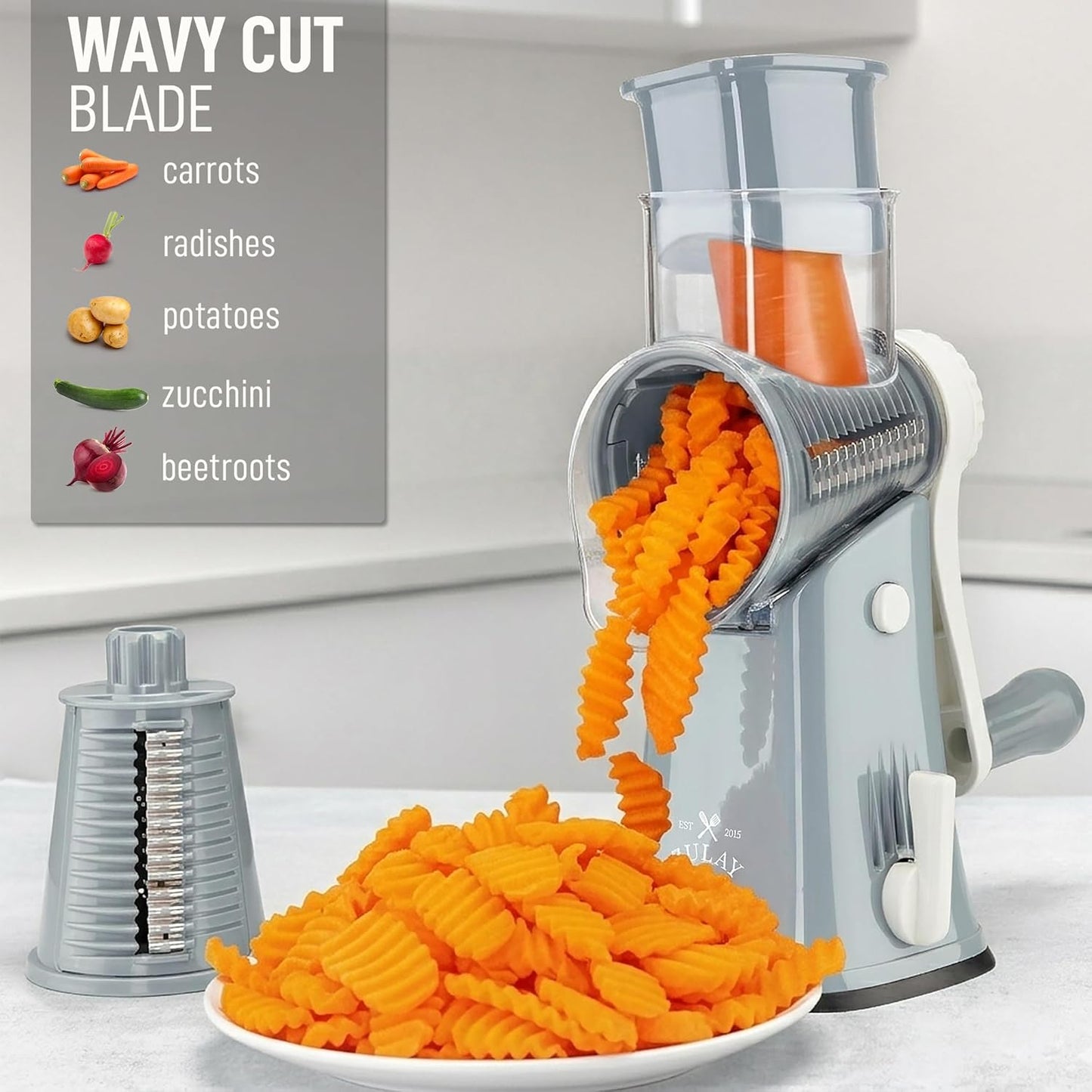 Zulay Kitchen Rotary Cheese Grater 5 Blade Cheese Shredder - Manual Hand Crank Cheese Grater With Reinforced Suction & 5 Interchangeable Drums - Easy to Use, Vegetable Chopper Round Mandoline Slicer - Colors A