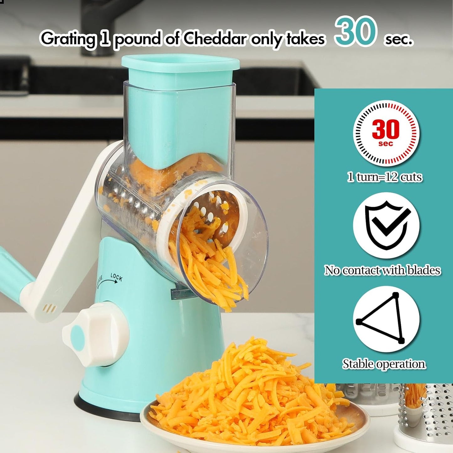 Ourokhome Rotary Cheese Grater Hand Crank, Kitchen Shredder Speed Mandolin Slicer Nut Grinder with Handle and Drum Blades for Cheese, Vegetable, Walnut, Chocolate, Potato, Carrot, 3 Blades, Dark Blue