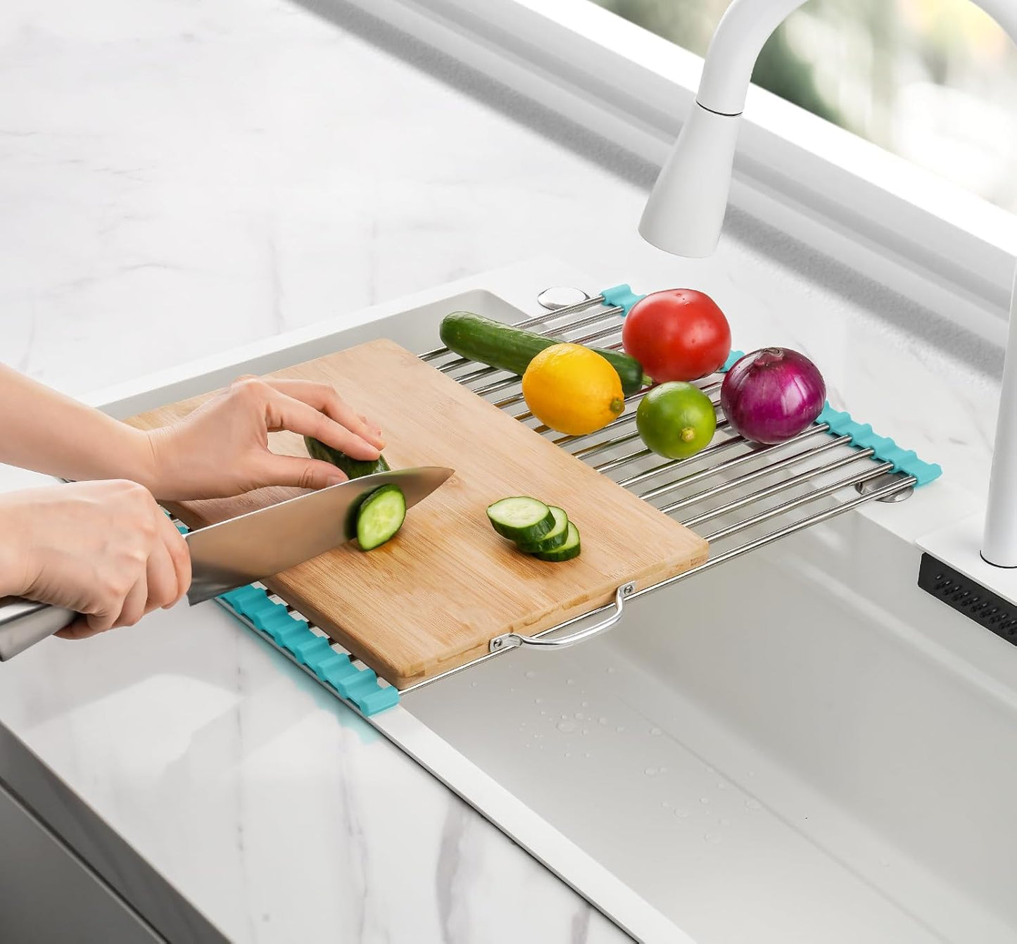 Tomorotec 17.7" x 15.5" Roll Up Dish Drying Rack Over Sink Drying Rack Sink Cover Kitchen Sink Accessories Gadget Multipurpose Organizer Foldable Stainless Steel Drainer