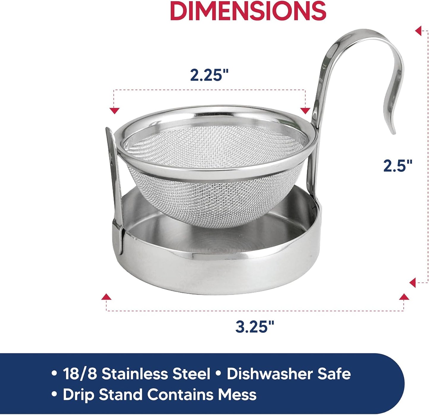 HIC Kitchen Fine Mesh Tea Strainer With Helper Handle, 18/8 Stainless Steel, 2.75-Inch, For Sifting, Straining, And Brewing Tea, Coffee, Or Cocktails