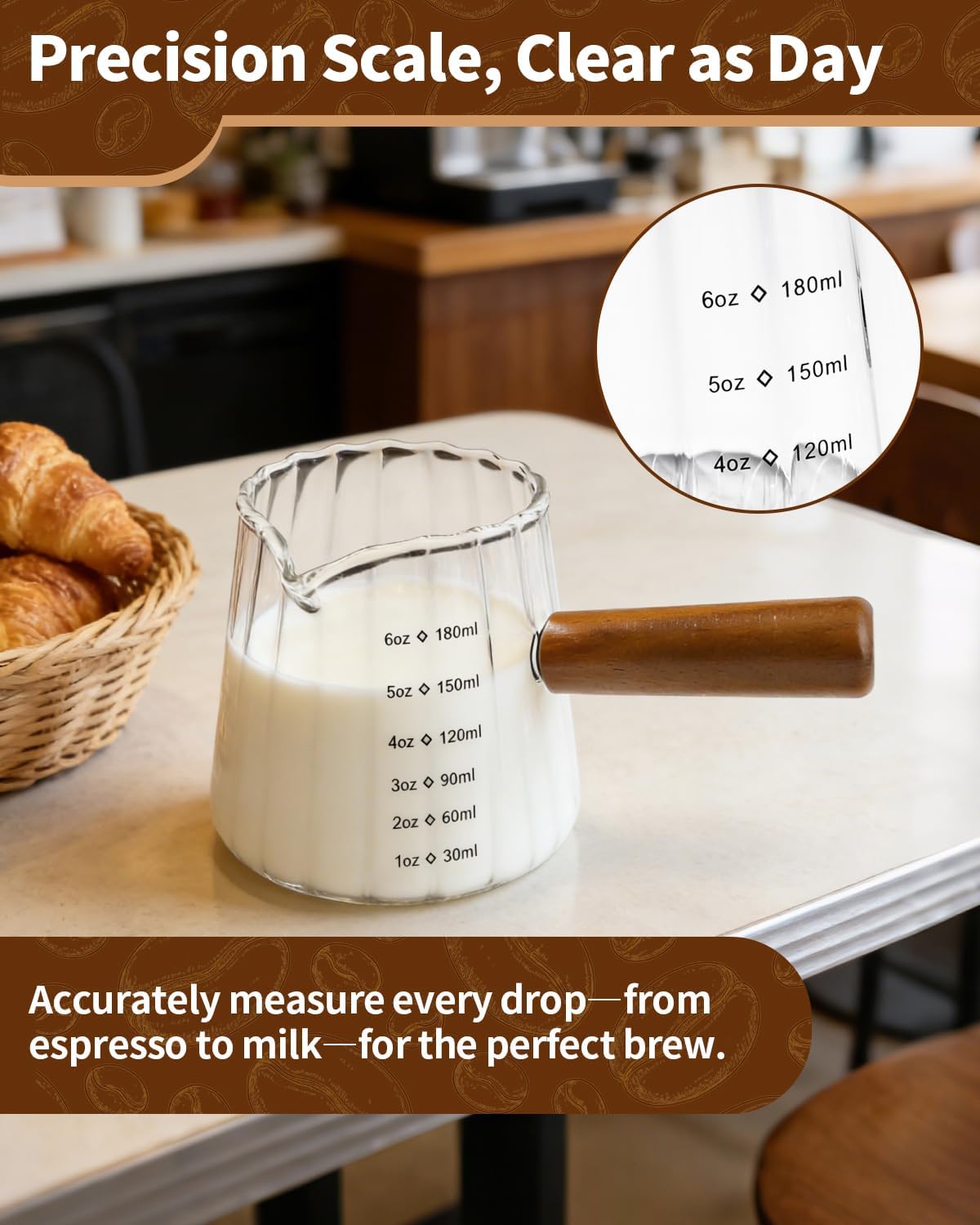 2 Pack Espresso Measuring Cup, 6oz Borosilicate Glass Espresso Cups with Wood Handle, V-Shaped Spout Milk Frothing Cup for Coffee, Tea, Syrup – Dishwasher Safe
