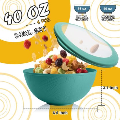 Wheat Straw Bowls Set with Lids, Unbreakable 40 OZ Cereal Bowls Set of 4, Salad Container for Lunch, Microwave & Dishwasher Safe Bowl Set for Kitchen, Picnic, RV, Camping, Multi