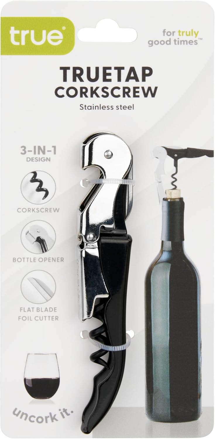 True Truetap Double Hinged Waiter's Corkscrew Wine Opener, Stainless Steel Wine Bottle Opener with Built In Foil Cutter, Home Bar Tools, Bar Cart Accessories, Wedding Gifts, Set of 1, Black