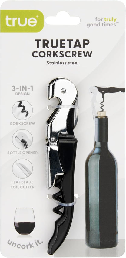 True Truetap Double Hinged Waiter's Corkscrew Wine Opener, Stainless Steel Wine Bottle Opener with Built In Foil Cutter, Home Bar Tools, Bar Cart Accessories, Wedding Gifts, Set of 1, Black