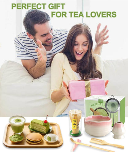 JBER Matcha Whisk Set, Ceramic Matcha Set Includes Bowl & Holder, Bamboo Whisk (Chasen), Sifter, Scoop, Spoon & Rest - 7PCS Matcha Kit Gift for Matcha Lovers & Beginners, Gradient Pink