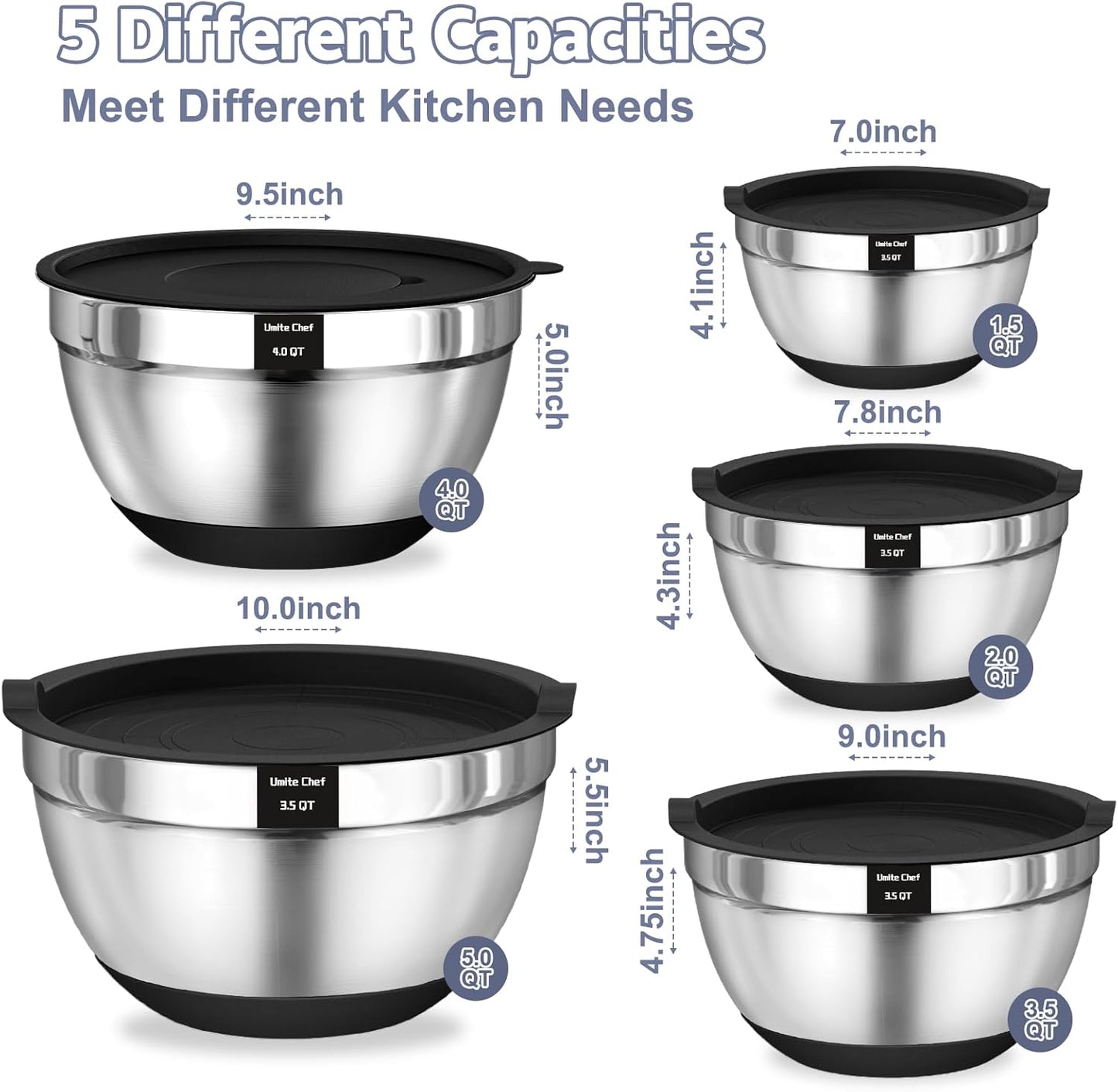 Umite Chef Mixing Bowls with Airtight Lids Set, 8PCS Stainless Steel Nesting Bowls with Grater Attachments, Non-Slip Bottoms, 5, 4, 3.5, 2, 1.5QT for Mixing & Serving